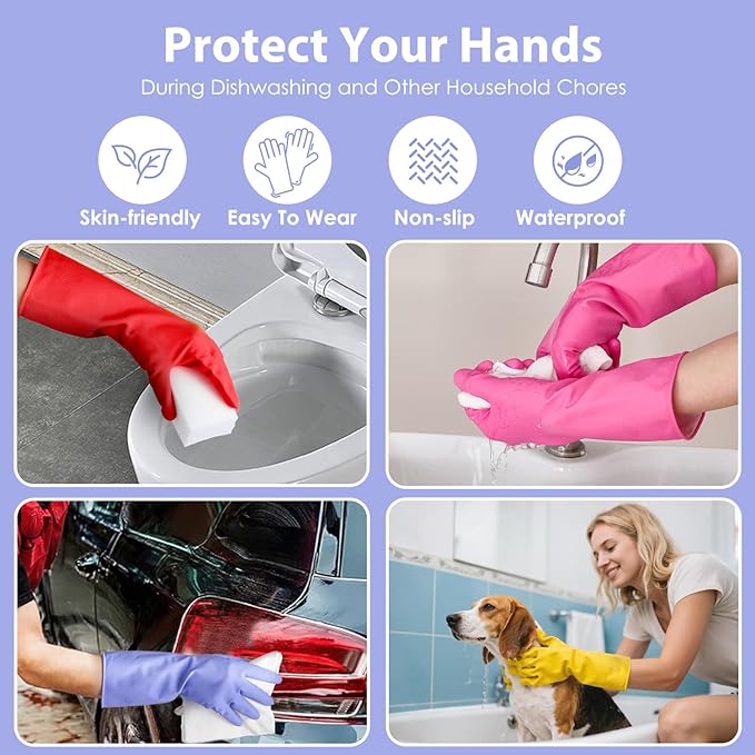 Rubber gloves for dishwashing 4 Pairs, Kitchen gloves for dish cleaning gloves, Reusable (Large, Colorful)