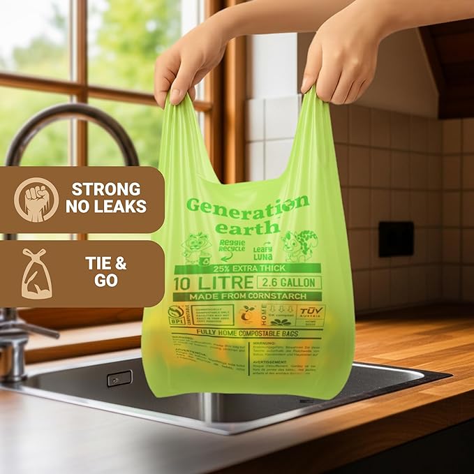70 Bags 2.6 Gallon (10L) | Extra Strong Compostable Food Waste Bags | BPI Certified Corn Starch Bin Liners | Biodegradable Kitchen Countertop Compost Bags | Generation earth