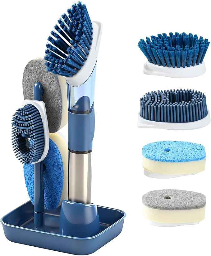 Soap Dispensing Scrub Brush, 4-in-1 Dish Soap Dispenser for Kitchen Dish Scrubber with 4 Heads Grip Handle Hole for Stubborn Grime on Pots Pans, Stand/Hang Storage-Blue