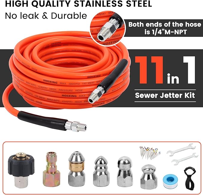 100FT Pressure Washer Sewer Jetter Kit, 5800 PSI Water Jet Drain Cleaner Hose with Corner Rotating Button Nose Nozzle, Sewer Jetting Nozzles Kit with Spanner Handle Strap