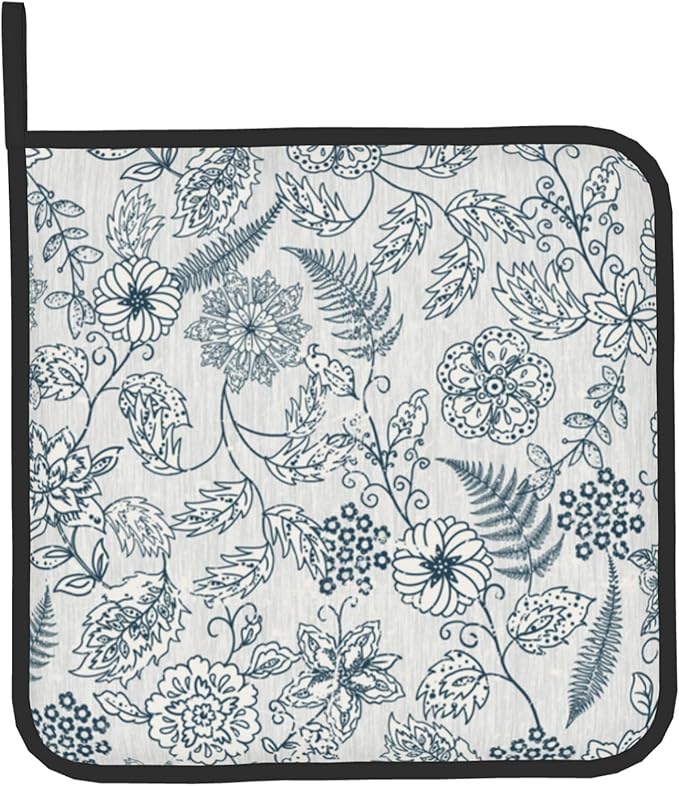 Blue Floral Oven Mitts Set – Vintage Pot Holders Kitchen Gloves for Women Teal Plant Kitchen Mitts Potholders Set of 2 for Cooking & Baking