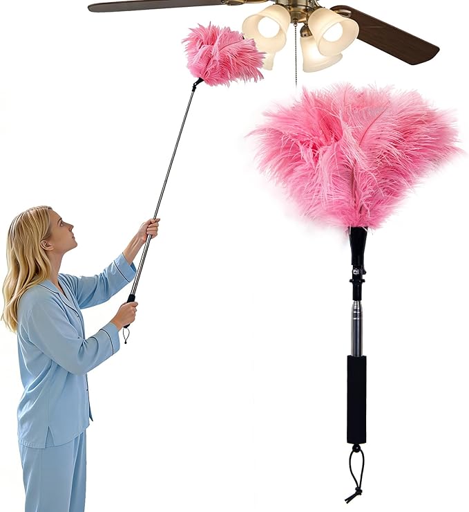 Extendable Ostrich Feather Duster - Fluffy Long Handle Reusable Feather Duster for Cleaning Ceiling Fan,Pendant lamp, High Ceiling, Blinds, Furniture (Pink)