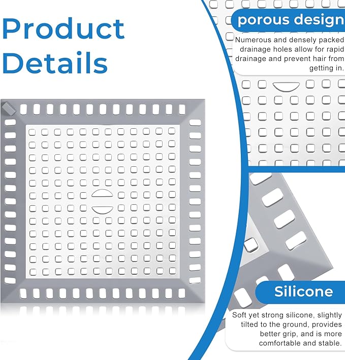 Stainless Steel Square Shower Drain Cover, Square Shower Drain Hair Catcher with Silicone for Bathroom Floor to Keep Away from Clogged Drains