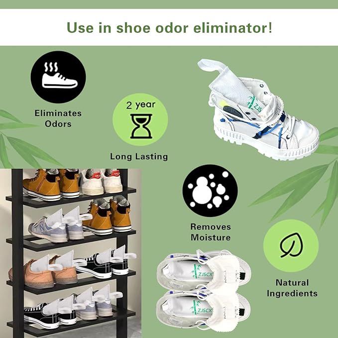 Charcoal Shoe Deodorizer, 2 Pack Natural Shoe Odor Eliminator, Reusable Activated Charcoal Bags Odor Absorber for Sneakers, Boots, Gym Bags, Closet & Locker