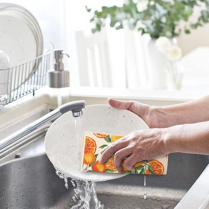 Whaline 6Pcs Orange Swedish Dishcloth Citrus Fruit Pattern Cotton Kitchen Towel Summer Absorbent Dish Towels for Party Home Housewarming Cleaning Counter Wipe, 7 x 8 in