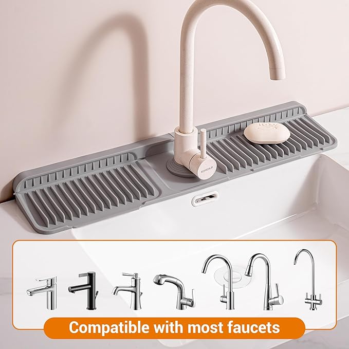 ZJWZLG Faucet Mat for Kitchen Sink, 24"X5.5" Silicone Sink Splash Guard with Soap Holder, Snap-On Design & 7°slope Fast Drain, Folding Sink Faucet Mat for Universal Kitchen Bathroom Sink(Grey)