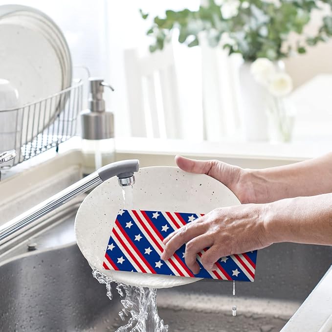 Whaline Patriotic Swedish Kitchen Dishcloths 6 Pack 4th of July Dish Towel American Flag Hand Drying Tea Towel Red Blue Cotton Dishcloth for Independence Day Cooking Cleaning Wipe, 6.7 x 7.5 in