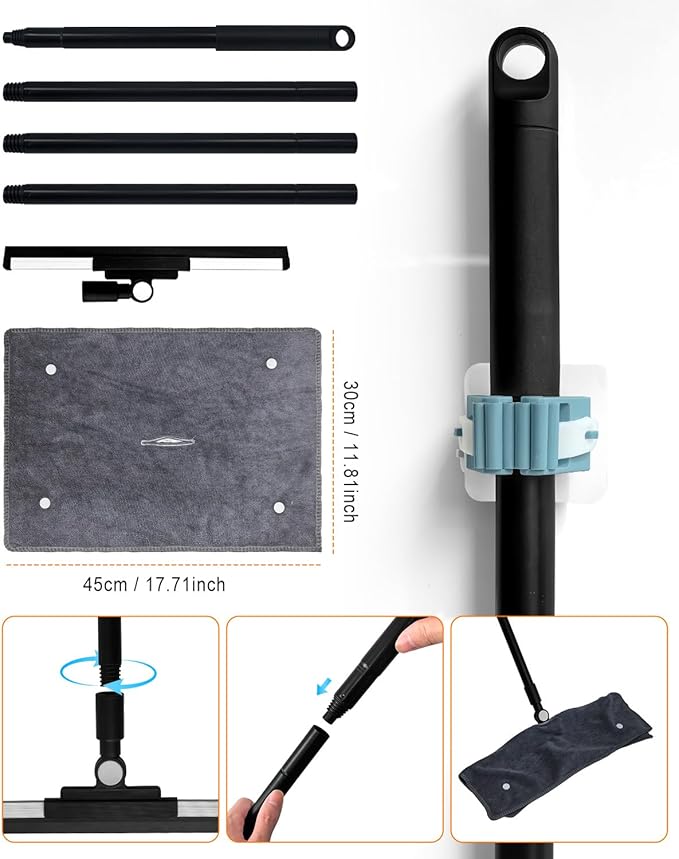 Heavy Duty Floor Squeegee for Concrete Floor– 14.2” Rubber Broom with Cloth Clip Design, 52” Extendable Window Cleaner, Squeegee Broom for Floor, Bathroom, Garage, Tile,Patio &Shower