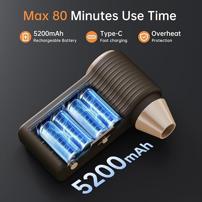 Compressed Air Duster 130000RPM – Cordless Electric Air Blower with Brushless Motor, Stepless Speed Control, Multiple Nozzles, Rechargeable Dust Cleaner for PC, Keyboard, Car Detailing & Barber Tools