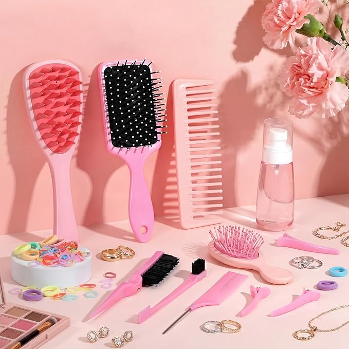 ProSuites 76 Pcs Pink Hair Brush Set for Baby Girls - Scalp Scrubber with Handle, Detangle Hair Brush, Spray Bottle, Slick Back Brush Set Wide Tooth Mini Wet Brushes for Travel Home Use