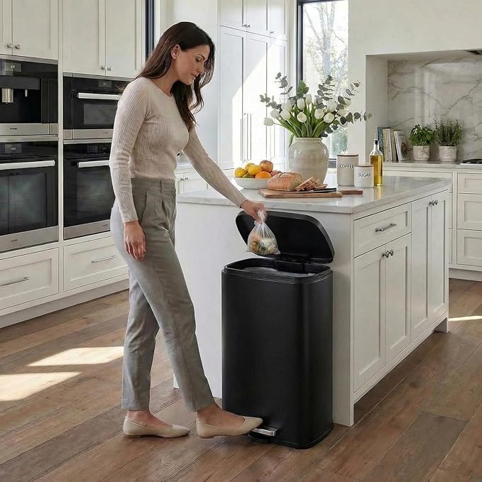13.2 Gal Kitchen Trash Can, 50L Recycling or Garbage Bin, Brushed Stainless Steel Waste Basket, Soft&Quiet Close Dustbin, with Step-On Pedal, Removable Inner Bucket, for Home, Office, Living Room