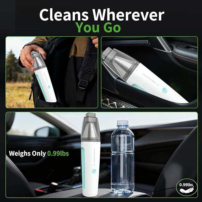 Car Vacuum, Handheld Vacuum Cordless 20000Pa Suction with 2 Suction Modes, 2-in-1 Portable Mini Car Vacuum Cleaner Cordless Vacuum Rechargeable Type-C Charge for Car, Desk, Keyboards(Green