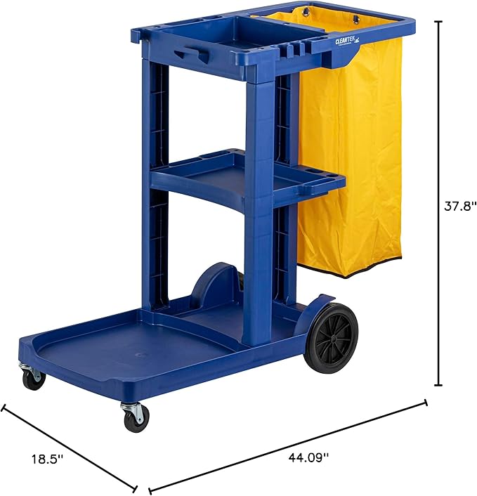 Restaurantware-Clean Tek Professional Janitor Cart with Wheels, 1 Cleaning Trolley with 18 Gallon Bag - 3 Shelves, Heavy-Duty, Blue Plastic Commercial Janitorial Cart, for Restaurants