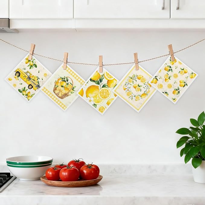 5 Pack Mixed Watercolor Lemon Swedish Kitchen Dishcloths Dish Towels, Farmhouse Lemon Dish Towels for Kitchen, Swedish Dishcloth, Paper Towels Reusable, Dish Cloth Towel Cleaning Wipe for Home