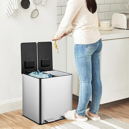 GarveeHome Dual Trash Can, 2x4 gal (2x15 L) Stainless Steel Step Trash Can, Rectangular Garbage Can for Kitchen, Office with 2 Compartments, Removable Inner Buckets, Soft-Close Lid, Silver