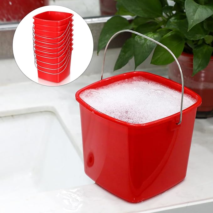 JJUNW 6 Pcs 3 Quart Cleaning Bucket, Detergent Square Bucket, Plastic Utility Cleaning Pail Stackable Cleaningpail Small Square Buckets for Restaurant Kitchen Home Offices Commercial (Red)