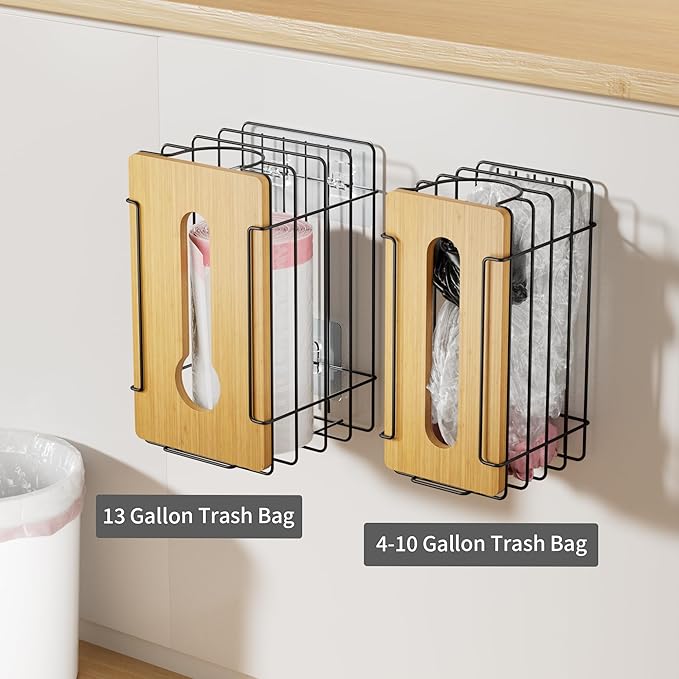 2 Pack Grocery Bag Holder, Wall Mount Bag Holder for Plastic Bags for Grocery Shopping Garbage Trash Bag Organizer with Bamboo Top for Kitchen, Pantry, Under Sink and Garage, Black