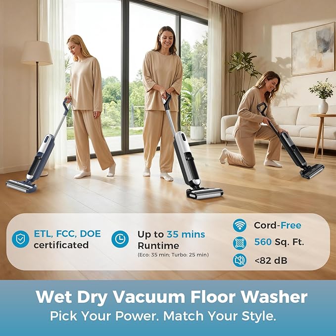 Wet Dry Vacuum Cleaner, Cordless Floor Washer, Vacuum and Mop All in One with Auto Self-Cleaning, Dual Water Tank & Tangle-Free Brush Design, Dual-Edge Cleaning, Up to 35-Minute Runtime