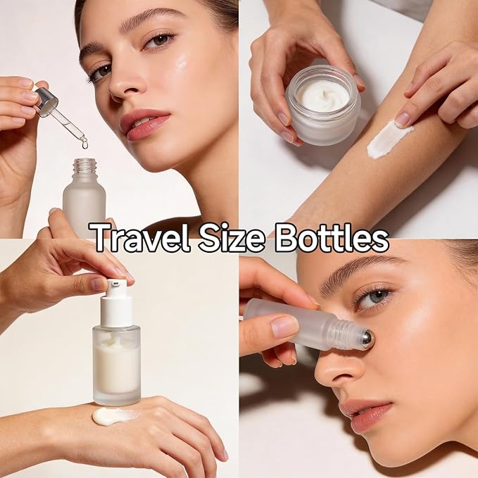 18-Pack Glass Travel Bottles Set, 1.35/0.7/1 oz TSA Approved Containers with Pump Spray, White Small Bottles for Toiletries, Makeup, Skincare