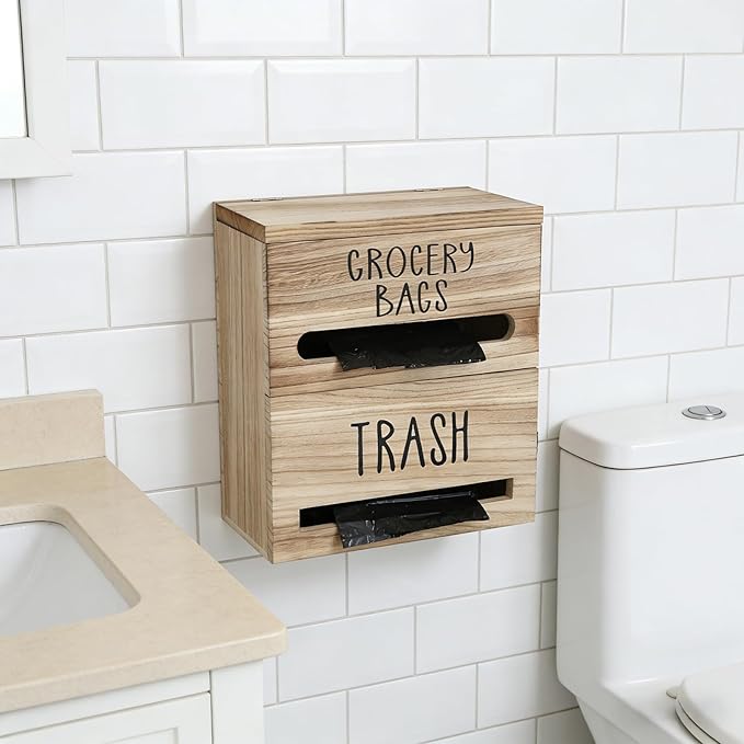 2 in 1 Trash Bag Dispenser, Double Wall Mounted,Wood Trash Bag Holder, used in kitchen, garage, laundry room, can store Environmentally friendly food bags (White/Brown(10inch*5.5inch*12.2inch))