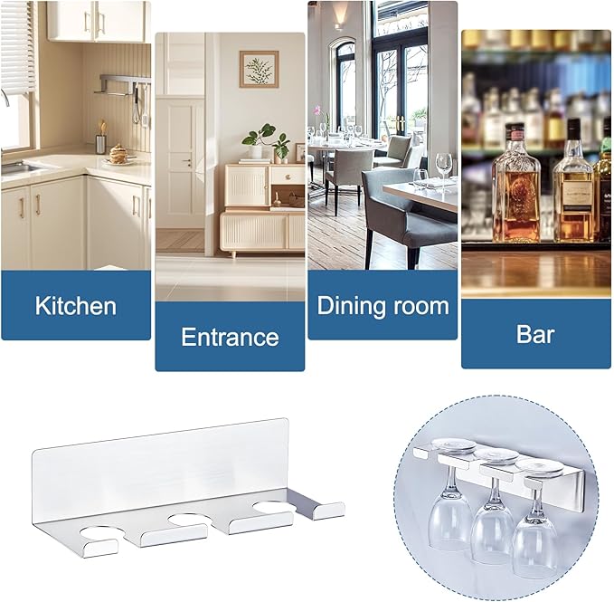 Wine Glass Holder Wine Glass Drying Rack Stainless Steel Hanging Stemware Rack Wall Mounted Adhesive Hanging Wine Glass Organizer Stemware Holder for Bar Restaurant Kitchen 2 Pack