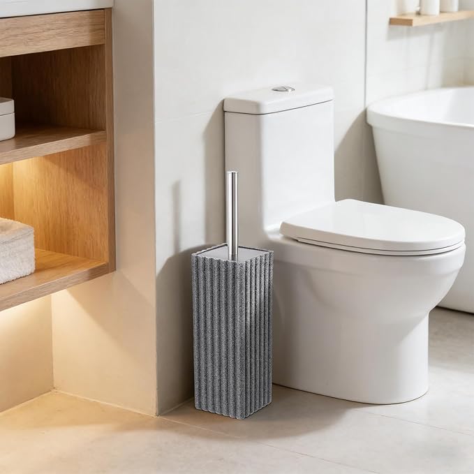 Grey Toilet Bowl Brush and Holder for Bathroom,Resin Toilet Brush and Holder Set with Stainless Steel Handle,Deep Cleaning Modern Toilet Cleaner Brush -Space Saving, Covered Brush