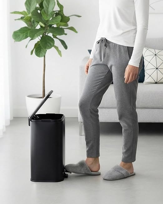 OUTLANE Bathroom Trash Can with Lid Soft Close, Step Pedal, 20 Liter / 5.2 Gallon Kitchen Trash Can,Stainless Steel Trash Bin for Bedroom, Office, Kitchen, Black