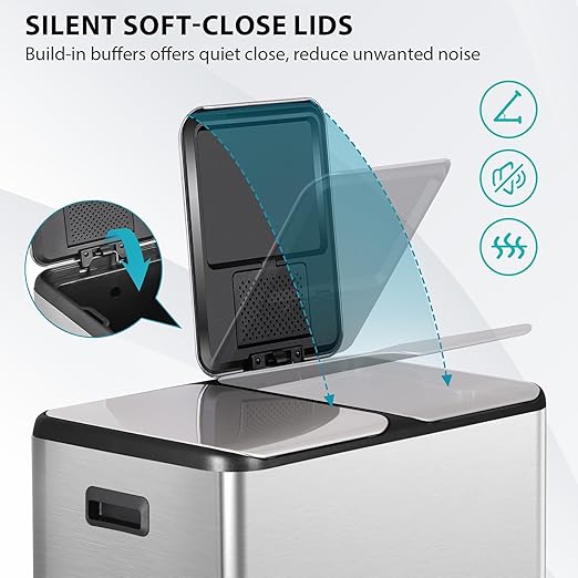 SUPER DEAL Kitchen Trash Can 16 Gallon 60L Dual Stainless Steel Garbage and Recycling Can with Foot Pedal for Kitchen, Living Room, Office, Removable Inner Buckets Soft Close Lid Odor Proof, Silver
