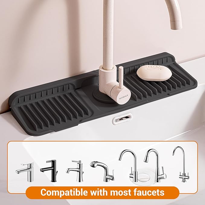 ZJWZLG Faucet Mat for Kitchen Sink, 17.7"X5.5" Silicone Sink Splash Guard with Soap Holder, Snap-On Design & 7°slope Fast Drain, Folding Sink Faucet Mat for Universal Kitchen Bathroom Sink(Black)