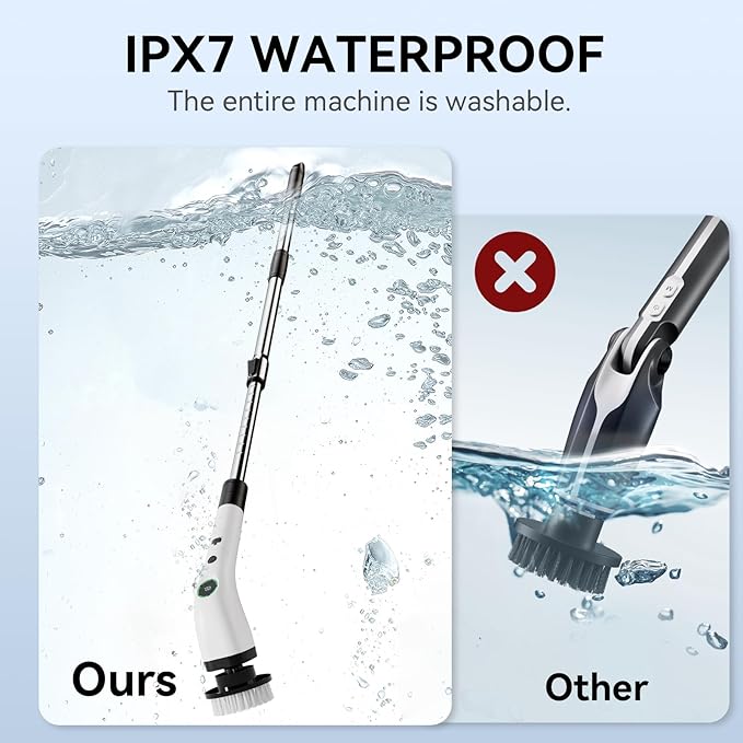 Electric Spin Scrubber, Cordless Cleaning Brush Scrubber with Battery LCD Display for Bathroom, Kitchen and Home, Adjustable Extension Handle, Full Body Waterproof IPX7, 8 Replaceable Brush Heads