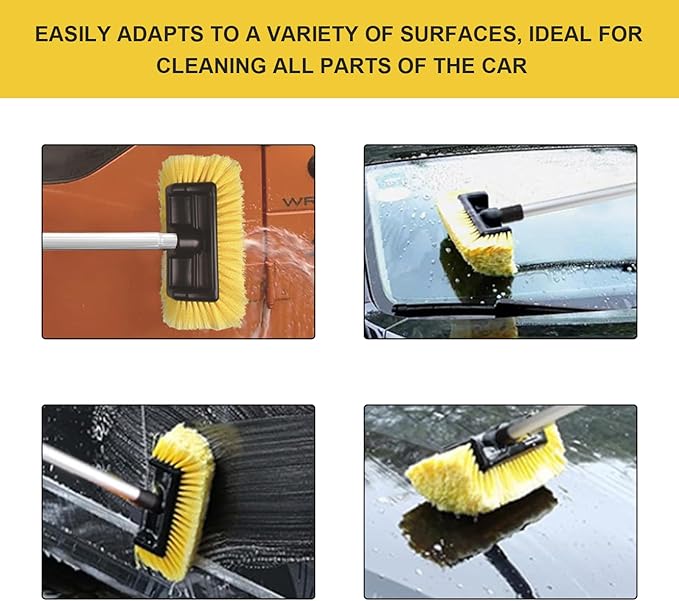 62.7" Car Wash Brush with Long Handle, Scratch-Free Washing Brushes with Five-Sided Soft Bristles, Adjustable Cleaning Brush Wash Mop Kit for RV Truck SUV House Siding (Yellow)