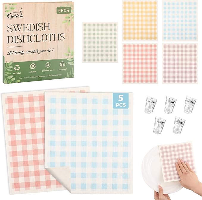 wlich 5PCS Swedish Dishcloths for Kitchen, Reusable Dish Rags for Washing Dishes with Clips, Non-Scratch Kitchen Towels and Dishcloths Sets, Washable Swedish Dish Cloths, No Odor(Grid)