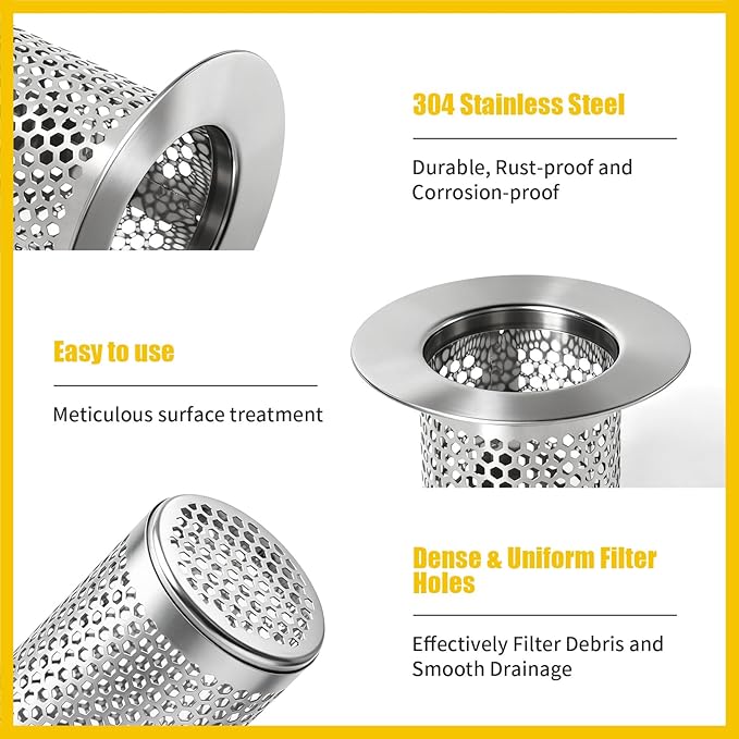 304 Stainless Steel Shower Drain Hair Catcher, Bathtub & Bathroom Sink Drain Strainer, Deep Basket Cover, XL Water Flow Anti-Clog for Pet Hair, Universal Tub Drain Filter Stopper
