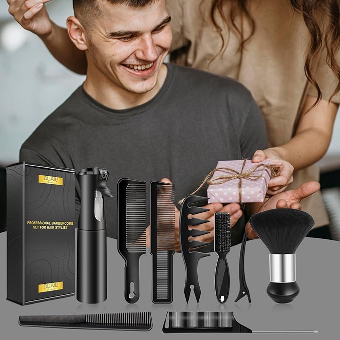 DUAIU 9Pcs Hair Comb Set, Professional Barber Combs for Hair Cutting and Styling - Premium Grade Hair Spray Bottle Neck Duster Barber Brush Set, Taper Texture Clipper Comb Tools for Men Boys