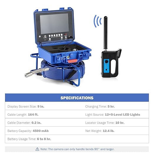 ZELCAN Self-Leveling Sewer Camera with Locator, Drain Camera 165FT with 9 in. LCD Screen, Waterproof IP68 Borescope Plumbing with 12 LED Lights, with 512Hz Transmitter and Receiver(32GB Card)