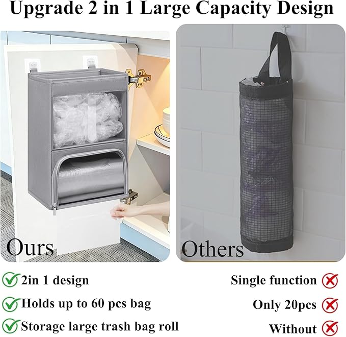 2-in-1 Plastic Bag Holder with Clear Window, Large Grocery Bag Holder and Trash Bag Dispenser with Easy-Access Openings, Plastic Bag Organizer for Kitchen RV Cabinet Wall Mounted (Gray)
