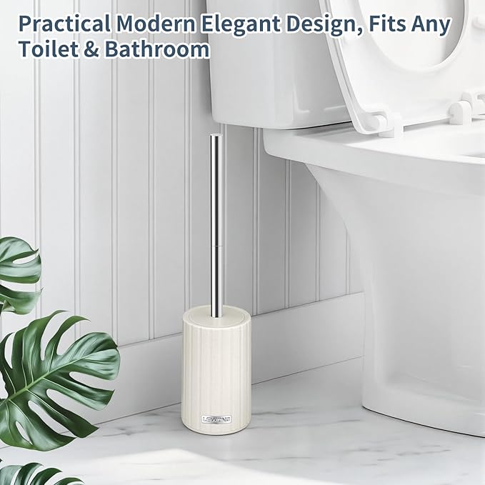 Toilet Bowl Brush and Holder, Durable Toilet Scrubber Bristles, Long Stainless Steel Handle, Ceramic Texture Toilet Brush and Holder Set, Deep Cleaning Toilet Brush for Bathroom, Cream