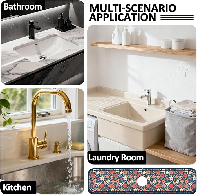 2 Pcs Kitchen Sink Splash Guard Faucet Mat Various Drinks Pattern Faucet Mat for Sinks Coffee Graffiti Absorbing Drying Mats for Kitchen Bathroom, 23.6x5.5inch