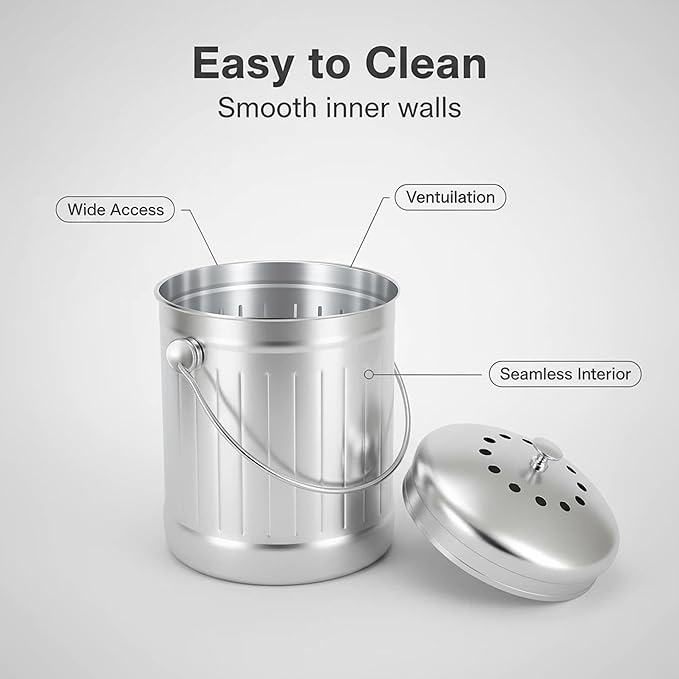 1.3 Gallons 5L Brushed Stainless Steel Kitchen Countertop Undersink Indoor Odorless Composting Compost Bin Countertop Composter with Charcoal Filter Inside Lid Brushed