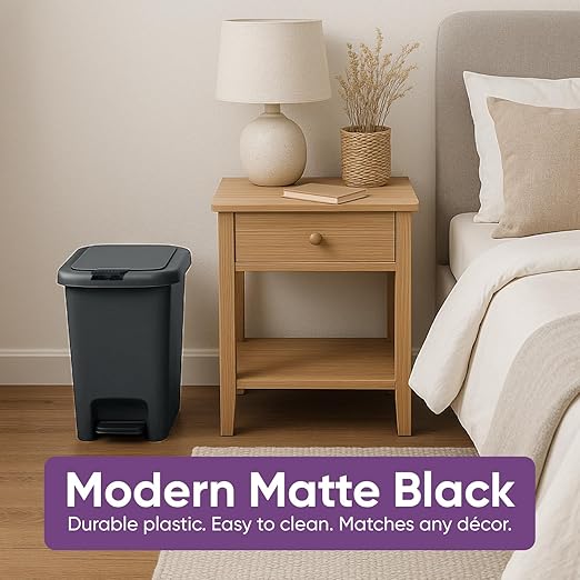 Superio 6.5L, 10L and 45L Slim Step & Push Trash Cans - 3 Pack, Dual Opening, Smooth Matte Finish, Durable Plastic - Black