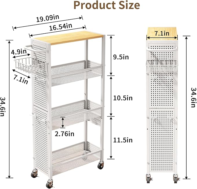 Slim Storage Rolling Cart: 4-Tier Narrow Metal & Wood Utility Cart with Wheels for Kitchen/Laundry/Bathroom(White)