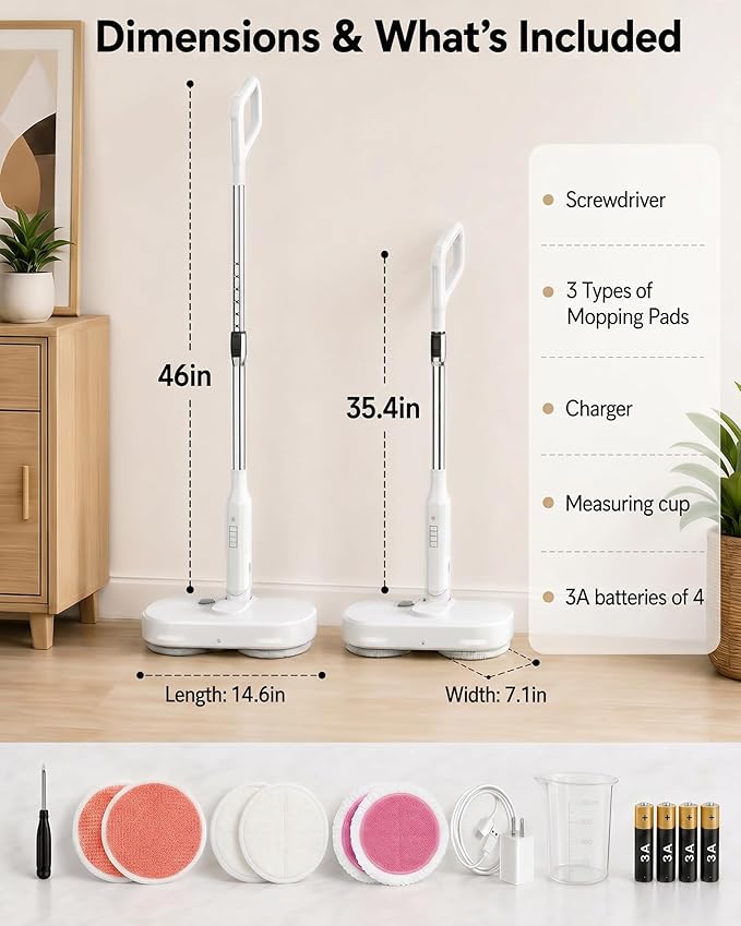 buways Lightweight Cordless Electric Mop, Self-Propelled Electric Spin Mop, Gravity Assist Pressure, 8000mAh Battery, LED Light & Water Spray, for Hardwood, Tile & Laminate Floors