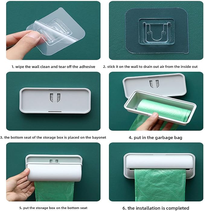 2Pack Small Trash Bag Dispenser Wall Mount with 2 Hooks for Kitchen Bathroom Waste Bin Can Liner Holder Organizer Under Sink