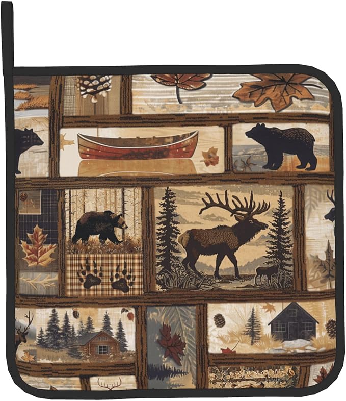 Rustic Lodge Pot Holders and Oven Mitts - Bear Moose Forest Oven Glove Hot Pads for Kitchen Chef Gifts for Cooking Lover Cooks