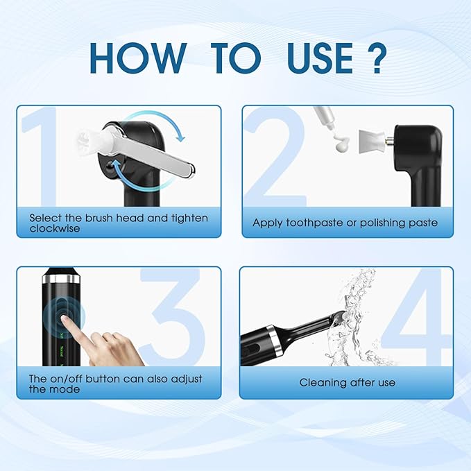 Electric Teeth Whitening Tools Plaque Tartar Polishing Cleaning Kit with LED Light 5 Speed Modes with 5 Replacement Brush Heads (Black)