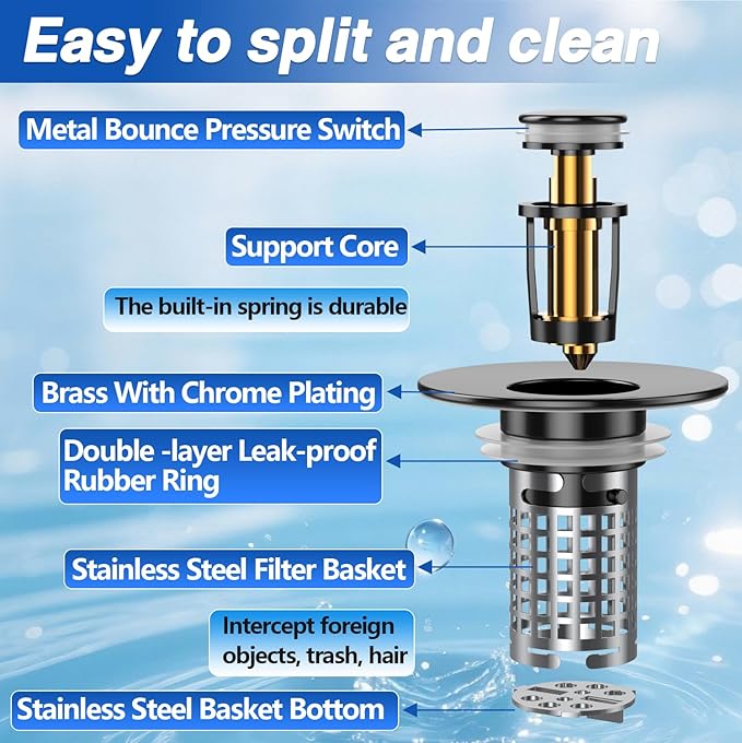Bathroom Sink Drain Strainer, Pop-up Sink Drain Strainer with Removable Stainless Steel Strainer Basket Hair Catcher, Bathroom Sink Strainer for Bathroom Sink Stopper Replacement