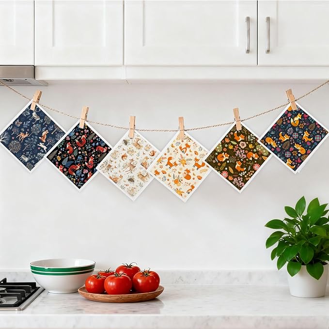 Mixed Fall Animal Swedish Kitchen Dishcloths Dish Towels 6 Pack, Fox Dish Towels for Kitchen, Swedish Dishcloth with Deer, Paper Towels Reusable, Dish Cloth Towel Cleaning Wipe for Home Party