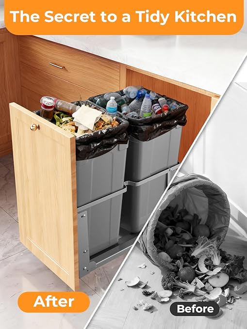 FOHERE Pull Out Trash Can Under Cabinet, 35 QT x2 Under Sink Trash Can Waste Container with Soft-Close Slides, Heavy Duty Garbage Recycling Bin for Kitchen Cabinet, Sink