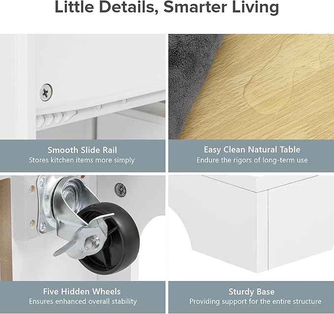 51.2" Kitchen Island with 6 Drawers, Pull Out Trash Can Storage, Rolling Kitchen Island on 5 Wheels with Drop Leaf, Power Outlet, 5 Open Side Racks for Kitchen, Dining Room, White