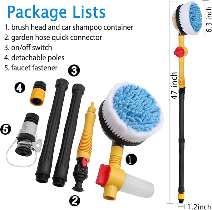 Rotating Car Wash Brush with Soap Dispenser & Hose Attachment, Soft Bristle Car Spin Mop Washing Scrub Brush Long Handle, Water Flow Through High Pressure Car Cleaning Brush Kit (Yellow)
